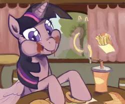Size: 1200x1000 | Tagged: safe, artist:kheltari, derpibooru import, twilight sparkle, twilight sparkle (alicorn), alicorn, pony, twilight time, aweeg*, burger, drink, female, food, french fries, hay burger, hay fries, ketchup, looking at you, mare, messy, messy eating, puffy cheeks, sauce, scene interpretation, smiling, solo, that pony sure does love burgers, twilight burgkle