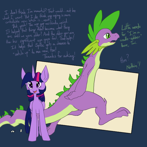 Size: 1000x1000 | Tagged: safe, artist:aviantheatrics, derpibooru import, spike, twilight sparkle, twilight sparkle (alicorn), alicorn, pony, ask twilight and spike!, ask-twispike, female, male, mare, older, older spike, shipping, straight, twispike