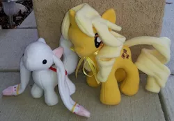 Size: 684x478 | Tagged: safe, artist:satokit, derpibooru import, ponified, alien, pony, unicorn, custom, incubator (species), irl, kyubey, magical girl, mami tomoe, photo, plushie, puella magi madoka magica, toy