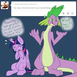 Size: 1000x1000 | Tagged: safe, artist:aviantheatrics, derpibooru import, spike, twilight sparkle, twilight sparkle (alicorn), alicorn, pony, ask twilight and spike!, ask, ask-twispike, female, male, mare, shipping, straight, sweat, sweatdrops, tumblr, twispike