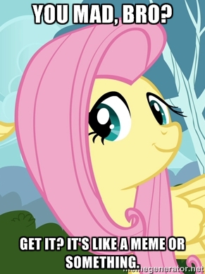 Size: 291x388 | Tagged: caption, cute, derpibooru import, fluttershy, image macro, it ain't easy being breezies, meme, safe, solo, text, troll, u mad, you mad, you mad bro