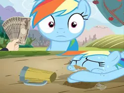 Size: 1024x768 | Tagged: safe, derpibooru import, rainbow dash, cider, dirt, exploitable meme, fistful of yen, meme, needs more jpeg, what would x do for a fistful of yen?, wrong aspect ratio