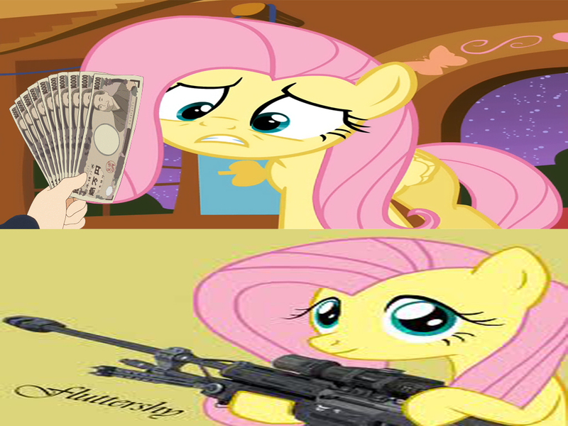 Size: 1024x768 | Tagged: derpibooru import, exploitable meme, fistful of yen, fluttershy, gun, halo reach, halo (series), meme, mercenary, safe, weapon, what would x do for a fistful of yen?, wrong aspect ratio