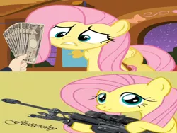 Size: 1024x768 | Tagged: derpibooru import, exploitable meme, fistful of yen, fluttershy, gun, halo reach, halo (series), meme, mercenary, safe, weapon, what would x do for a fistful of yen?, wrong aspect ratio