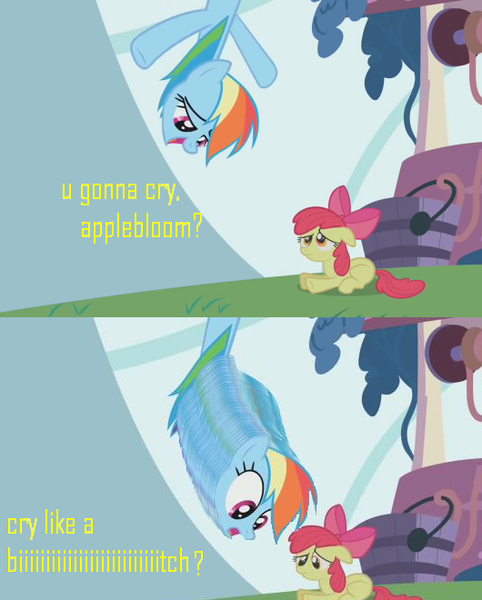 Size: 530x660 | Tagged: safe, artist:datte-before-dawn, derpibooru import, screencap, apple bloom, rainbow dash, call of the cutie, are you frustrated?, meme, necc, rainbow douche, vulgar