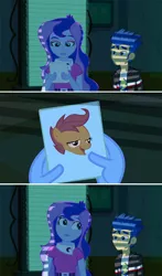 Size: 1080x1839 | Tagged: safe, derpibooru import, flash sentry, princess luna, scootaloo, equestria girls, chickun, exploitable meme, faic, flash's paper, forced meme, meme, vice principal luna