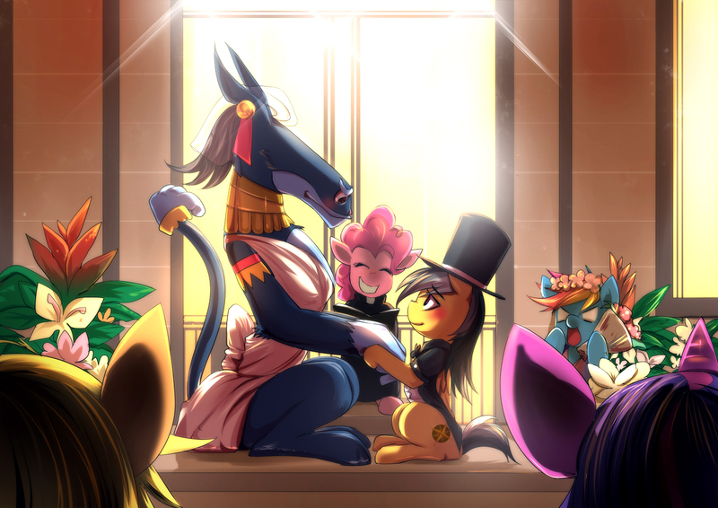 Size: 1400x990 | Tagged: ahuizotl, applejack, artist:bakki, backlighting, blushing, clothes, crossdressing, daring do, daring don't, darizotl, derpibooru import, female, foe yay, male, marriage, observer, parody, pinkie pie, pinkie priest, priest, rainbow dash, safe, scene parody, shipping, shocked, straight, twilight sparkle, wedding