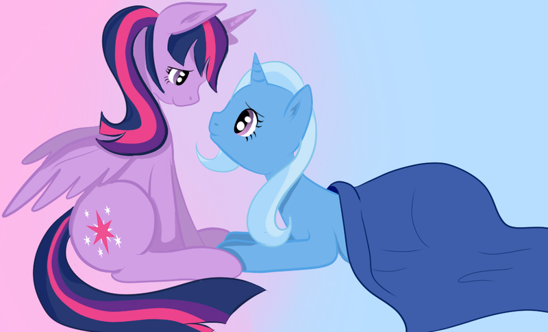 Size: 1024x621 | Tagged: safe, artist:evannasykes, derpibooru import, trixie, twilight sparkle, twilight sparkle (alicorn), alicorn, pony, blanket, female, lesbian, mare, pregnant, shipping, twixie