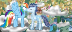 Size: 900x404 | Tagged: safe, artist:daga000, derpibooru import, rainbow dash, soarin', blushing, cloud, cloudy, female, kissing, male, old cutie mark, ponyville, shipping, soarindash, spread wings, straight, watermark, wingboner, wings