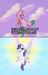 Size: 624x972 | Tagged: animated, butt, derpibooru import, dream, flying, g3, glimmer wings, hilarious in hindsight, laughing, plot, rarity, rarity (g3), safe, screencap, singing, song, sonic rainboom (episode), string, subtitles, the runaway rainbow, wahaha, wings