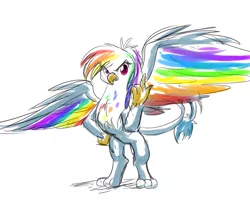 Size: 2000x1726 | Tagged: safe, artist:mykegreywolf, derpibooru import, rainbow dash, gryphon, it ain't easy being breezies, female, griffonized, image, looking at you, middle finger, png, rainbow griffon, solo, species swap, spread wings, swearing, that was fast, vulgar, wings
