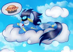 Size: 1280x909 | Tagged: artist:vocalmaker, cloud, cloudy, cute, derpibooru import, dream, food, pie, safe, sky, soarin', soarinbetes, solo, that pony sure does love pies, wonderbolts
