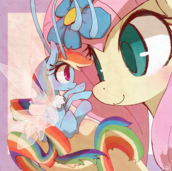 Size: 1000x995 | Tagged: safe, artist:kolshica, derpibooru import, fluttershy, rainbow dash, breezie, pony, it ain't easy being breezies, breeziefied, eye contact, female, flower, flower in hair, looking at each other, mare, rainbow breez, size difference, smiling, smoldash, species swap, tiny, tiny ponies