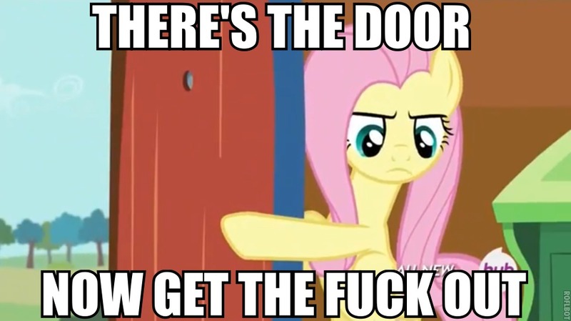 Size: 960x539 | Tagged: caption, derpibooru import, door, fluttershy, gtfo, image macro, it ain't easy being breezies, meme, reaction image, safe, screencap, solo, text, vulgar