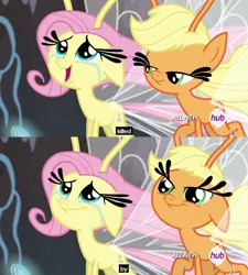 Size: 630x701 | Tagged: applebreezie, applejack, breezie, breeziefied, caption, derpibooru import, edit, edited screencap, flutterbreez, fluttershy, hub logo, it ain't easy being breezies, meme, safe, screencap, species swap, youtube caption