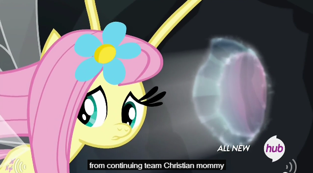 Size: 633x350 | Tagged: breezie, breeziefied, caption, christianity, derpibooru import, edit, edited screencap, flutterbreez, fluttershy, hub logo, it ain't easy being breezies, meme, religion, safe, screencap, solo, species swap, youtube caption