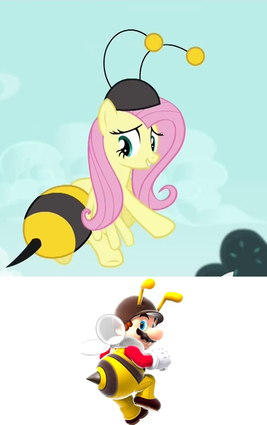 Size: 819x1300 | Tagged: safe, derpibooru import, fluttershy, bee, insect, it ain't easy being breezies, animal costume, bee costume, bee mario, clothes, comparison, costume, flutterbee, image, mario, png, super mario bros., super mario galaxy