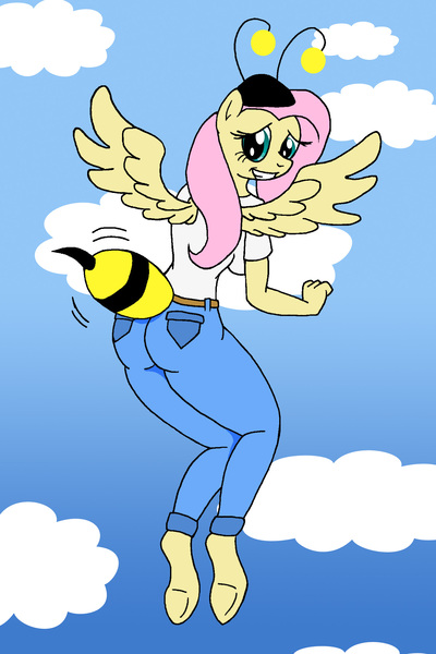 Size: 1454x2183 | Tagged: animal costume, anthro, artist:dragonblood6400, ass, bee, bee costume, butt, butt shake, clothes, costume, derpibooru import, female, flutterbee, fluttershy, insect, it ain't easy being breezies, solo, solo female, suggestive