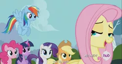 Size: 1153x609 | Tagged: safe, derpibooru import, edit, edited screencap, screencap, applejack, fluttershy, pinkie pie, rainbow dash, rarity, twilight sparkle, twilight sparkle (alicorn), alicorn, pony, it ain't easy being breezies, caption, female, hub logo, lidded eyes, mane six, mare, meme, youtube caption