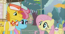 Size: 1153x609 | Tagged: caption, carrot cake, cup cake, derpibooru import, edit, edited screencap, fluttershy, hub logo, it ain't easy being breezies, meme, safe, screencap, youtube caption