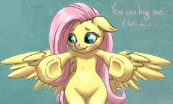 Size: 1793x1080 | Tagged: safe, artist:draneas, derpibooru import, fluttershy, pony, semi-anthro, bipedal, blushing, cute, dialogue, featureless crotch, heart, hug, hug request, if that's okay with you, looking away, presenting, shy, solo, spread wings, underhoof, weapons-grade cute, wide hips, wings