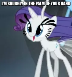 Size: 383x406 | Tagged: breezie, breeziefied, caption, derpibooru import, edit, edited screencap, image macro, imma snuggle you, it ain't easy being breezies, meme, rarbreez, rarity, safe, screencap, solo, species swap, text