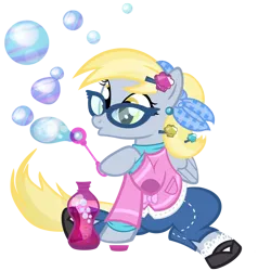 Size: 1000x1000 | Tagged: safe, artist:pixelkitties, derpibooru import, derpy hooves, pegasus, pony, 1950s, 50's fashion, alternate hairstyle, blowing bubbles, bubble, clothes, female, hairclip, mare, ponytail, simple background, solo, transparent background