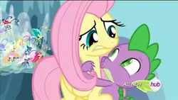 Size: 1280x720 | Tagged: breezie, derpibooru import, fluttershy, hape, hat, hub logo, hug, it ain't easy being breezies, mushroom hat, out of context, safe, screencap, shipping fuel, spike