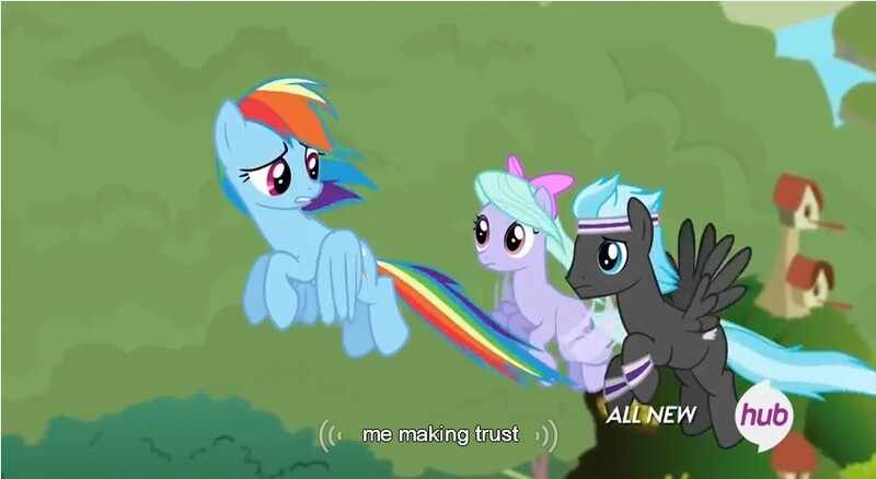 Size: 855x468 | Tagged: safe, derpibooru import, edit, edited screencap, screencap, flitter, thunderclap, pegasus, pony, it ain't easy being breezies, caption, female, flying, male, mare, meme, stallion, trio, youtube caption