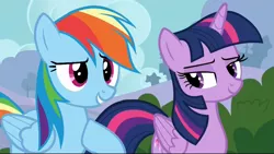 Size: 1258x711 | Tagged: safe, derpibooru import, screencap, rainbow dash, twilight sparkle, twilight sparkle (alicorn), alicorn, pony, it ain't easy being breezies, female, lidded eyes, mare, out of context, tonight you