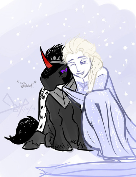 Size: 500x649 | Tagged: artist:bgn, crossover, crossover shipping, derpibooru import, elsa, elsombra, female, frozen (movie), king sombra, male, safe, shipping, snow, snowfall, straight
