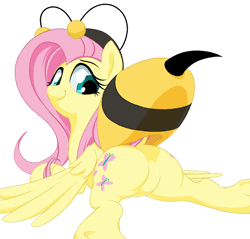 Size: 992x950 | Tagged: animal costume, animated, artist:stoic5, bee costume, beekini, butt, butt shake, clothes, costume, dancing, derpibooru import, dock, featureless crotch, female, flutterbee, flutterbutt, fluttershy, happy, it ain't easy being breezies, jiggle, looking back, plot, presenting, prone, smiling, solo, solo female, spread wings, squishy, squooshy, suggestive, underhoof, wings