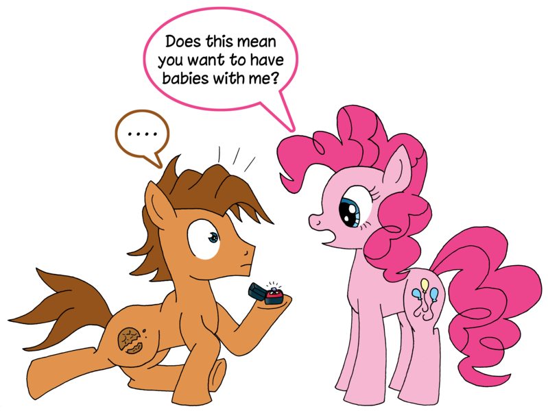 Size: 6394x4801 | Tagged: safe, artist:greenlinzerd, derpibooru import, pinkie pie, oc, oc:ginger snap (browniecomicwriter), absurd resolution, canon x oc, female, jewelry, male, marriage proposal, meme, ring, shipping, simple background, straight, transparent background, what do