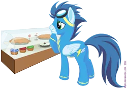 Size: 1861x1307 | Tagged: artist:endlessnostalgia, cake, choice, clothes, derpibooru import, food, goggles, muffin, nervous, pie, safe, soarin', solo, that pony sure does love pies, uniform, wonderbolts uniform