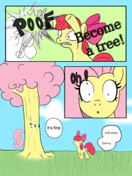 Size: 3000x4000 | Tagged: safe, artist:resonance, derpibooru import, apple bloom, fluttershy, earth pony, pony, twilight time, comic, dendrification, duo, female, filly, fluttertree, i'd like to be a tree, inanimate tf, magic, transformation, tree