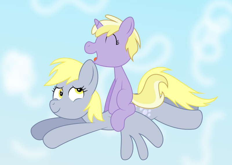 Size: 1126x801 | Tagged: source needed, safe, artist:derpiluv, derpibooru import, derpy hooves, dinky hooves, pegasus, pony, equestria's best mother, female, flying, mare, ponies riding ponies, riding