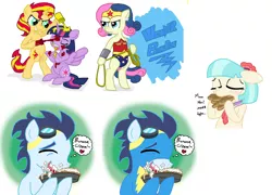 Size: 2000x1440 | Tagged: suggestive, artist:ficficponyfic, derpibooru import, bon bon, coco pommel, soarin', sunset shimmer, sweetie drops, twilight sparkle, twilight sparkle (alicorn), alicorn, pony, bipedal, blushing, breadsticks, female, food, foodplay, heart, ketchup, lasso, lesbian, mare, mustard, pie, rope, sauce, shipping, stuffing, sunsetsparkle, that pony sure does love pies, wonder woman