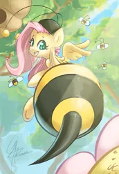 Size: 827x1200 | Tagged: safe, artist:chingilin, derpibooru import, fluttershy, bee, insect, pegasus, pony, it ain't easy being breezies, animal costume, bee costume, butt, clothes, costume, female, flutterbee, flutterbutt, flying, foreshortening, mare, open mouth, solo