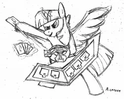 Size: 1868x1484 | Tagged: artist needed, safe, derpibooru import, twilight sparkle, twilight sparkle (alicorn), alicorn, pony, duel disk, female, mare, monochrome, solo, traditional art, yu-gi-oh!