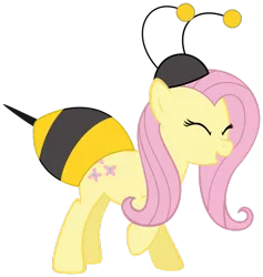 Size: 871x918 | Tagged: safe, artist:sollace, derpibooru import, fluttershy, pony, it ain't easy being breezies, animal costume, bee costume, clothes, costume, eyes closed, flutterbee, one hoof raised, simple background, solo, transparent background, wingless