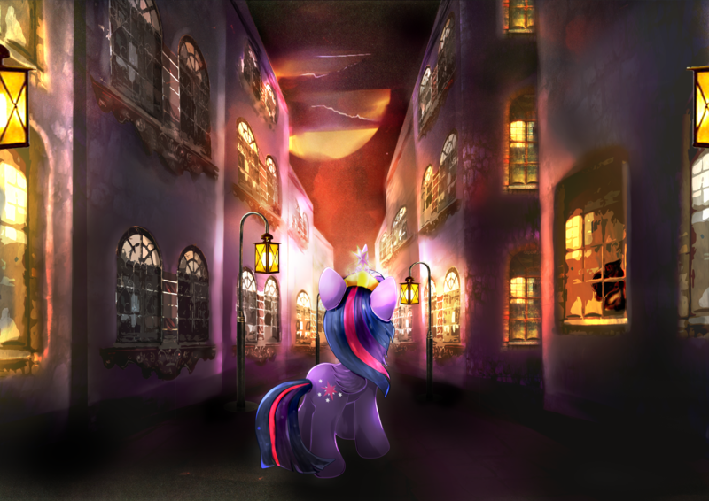 Size: 4092x2893 | Tagged: safe, artist:l1nkoln, derpibooru import, twilight sparkle, twilight sparkle (alicorn), alicorn, pony, behind, big crown thingy, city, element of magic, female, jewelry, mare, regalia, solo