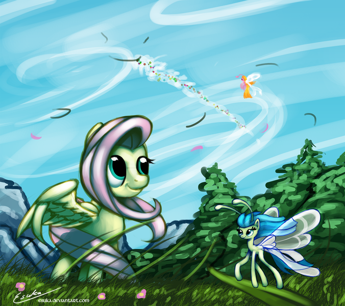 Size: 1480x1314 | Tagged: artist:esuka, breezie, derpibooru import, fluttershy, flying, grass, it ain't easy being breezies, safe, wind, windswept mane