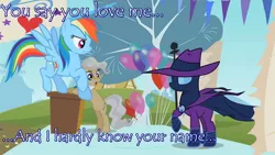 Size: 1280x720 | Tagged: balloon, caption, derpibooru import, edit, freddie mercury, image macro, lyrics, mare do well, meme, queen (band), rainbow dash, safe, screencap, shipping, text, text edit, the games we play