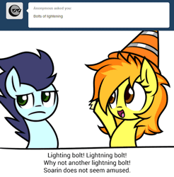 Size: 492x500 | Tagged: animated, artist:wildberry-poptart, ask spitfire the wonderbolt, cute, derpibooru import, frown, open mouth, safe, smiling, soarin', soarin is not amused, spitfire, throwing, thunderbolt, traffic cone, tumblr, unamused