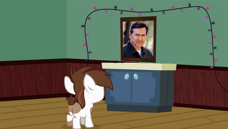 Size: 1047x590 | Tagged: safe, artist:evil-dec0y, derpibooru import, pipsqueak, earth pony, pony, bruce campbell, colt, exploitable meme, male, meme, pipsqueak's shrine, solo