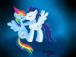 Size: 1600x1200 | Tagged: safe, artist:darkynez, artist:twilightsparkle2000, derpibooru import, ponerpics import, ponybooru import, rainbow dash, soarin', pegasus, pony, blushing, female, hat, image, kissing, male, mare, old cutie mark, party hat, png, shipping, soarindash, spread wings, stallion, straight, wings