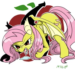 Size: 600x550 | Tagged: safe, artist:kyubi, derpibooru import, fluttershy, bat pony, pony, bats!, bat ponified, drool, flutterbat, pixiv, race swap, solo