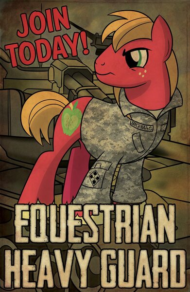 Size: 722x1107 | Tagged: safe, artist:drawponies, derpibooru import, big macintosh, earth pony, pony, camouflage, military, military bronies, poster, solo, tank (vehicle)