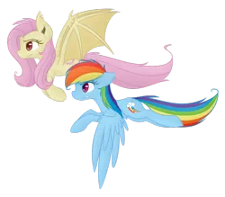 Size: 1024x899 | Tagged: safe, artist:felcia, derpibooru import, fluttershy, rainbow dash, bat pony, pony, bats!, bat ponified, flutterbat, race swap