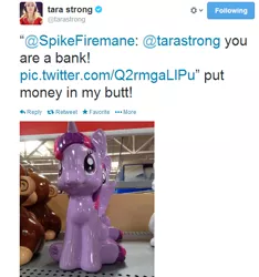 Size: 540x578 | Tagged: suggestive, derpibooru import, twilight sparkle, twilight sparkle (alicorn), alicorn, pony, female, mare, meta, piggy bank, tara strong, twitter, wat, wtf